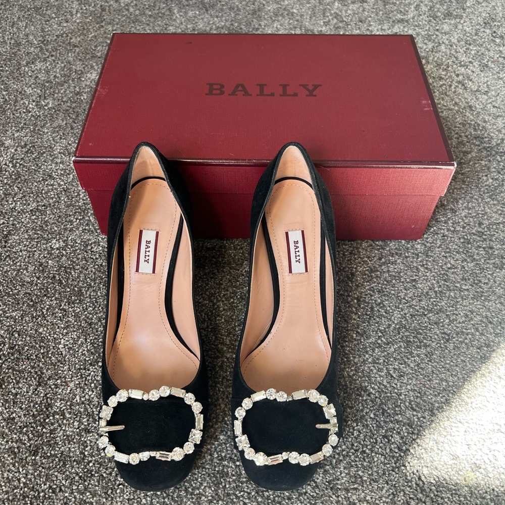 Bally Switzerland Black Suede Swarovski Buckle Pumps - Bally
